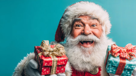 Jolly Santa Claus displays colorful Christmas gifts, radiating joy and excitement. Perfect for holiday decorations and festive themes. Celebrate the season!の素材