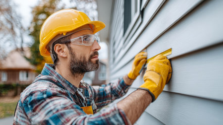 A skilled worker measures siding on a residential home, showcasing attention to detail and safety with helmet, gloves, and glasses during a renovation project.の素材