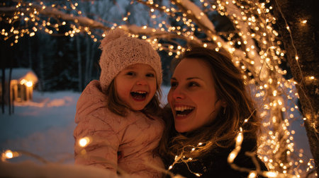 A joyful moment shared between a mother and daughter in a winter wonderland, surrounded by glowing lights and snow, embodying happiness and love.の素材