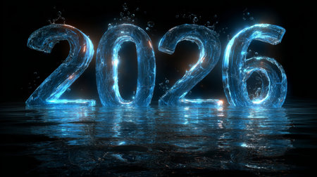 Captivating image of glowing water numbers forming '2026' with splash effects, perfect for representing the new year in creative projects.の素材