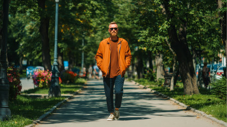 A man strolls confidently down a sunlit park pathway, dressed casually in an orange jacket and sunglasses. The vibrant greenery and trees enhance the serene outdoor feel.の素材