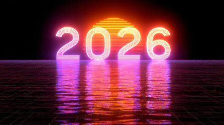 A striking digital representation of the year 2026 illuminated in neon colors, with a vibrant sunset backdrop reflecting on water. Perfect for modern themes!の素材