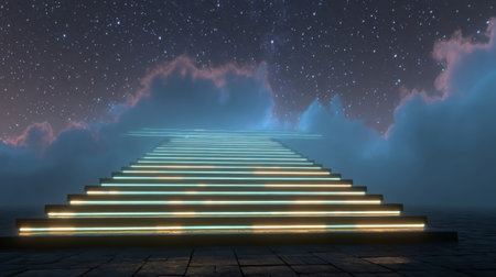 A mystical stairway illuminated by glowing lights ascends through clouds under a vast starry night sky, creating a serene and dreamlike atmosphere.の素材