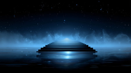 A mesmerizing surreal night scene featuring a shimmering staircase leading into water, surrounded by a starry sky. The calm atmosphere evokes tranquility and creativity.の素材