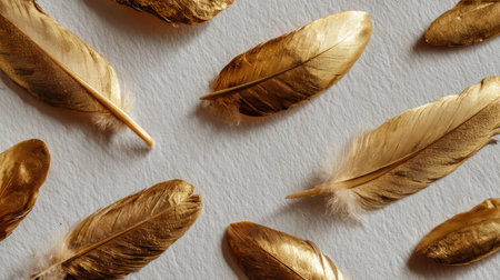 Delicate golden feathers arranged on a soft white background, perfect for artistic designs and creative projects. Ideal for modern aesthetics and decor.の素材