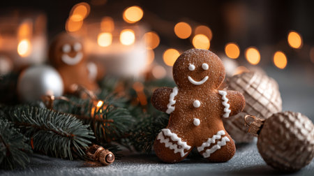 A charming gingerbread man cookie with icing smiles amidst a delightful holiday setting filled with warm lights and greenery. Perfect for winter festivities!の素材