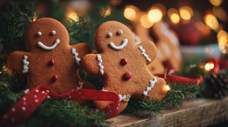 Delightful gingerbread cookies with cheerful faces, nestled on a rustic wooden table surrounded by festive decorations and twinkling lights, perfect for holiday gatherings.の素材