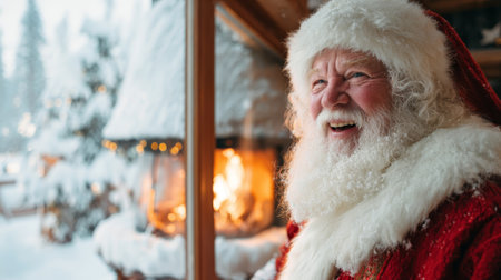 A joyful Santa Claus smiles warmly near a cozy fireplace, surrounded by snowflakes and a beautiful winter landscape, capturing the essence of holiday spirit.の素材