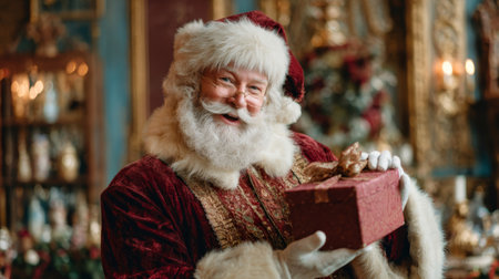 This image features a jolly Santa Claus with a white beard, wearing a red outfit, joyfully holding a beautifully wrapped Christmas gift, embodying holiday spirit.の素材