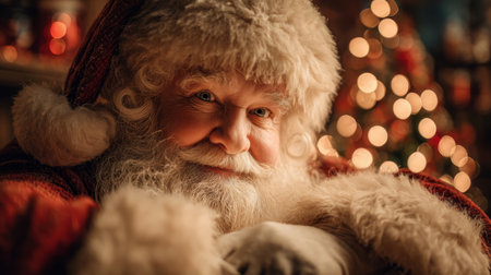 A cheerful Santa Claus with a warm smile and fluffy white beard sits comfortably in a cozy festive setting, spreading joy during the holiday season.の素材