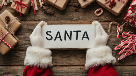A festive scene featuring a person in Santa gloves holding a sign with "Santa" on it. Surrounded by beautifully wrapped gifts and candy canes, this image captures the spirit of Christmas joy and celebration.の素材