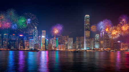 Stunning fireworks burst over a lively city skyline at night, illuminating the water below. The vibrant colors add excitement to the urban scene, showcasing celebration and beauty.の素材