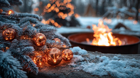 A serene winter scene featuring frosty pine branches adorned with glowing ornaments and a warm campfire, creating a cozy holiday atmosphere.の素材