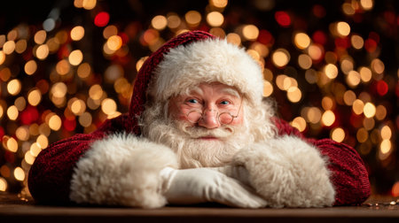 A cheerful Santa Claus with a warm smile, surrounded by soft bokeh lights. This festive portrait captures the spirit of the holiday season, radiating joy and warmth.の素材