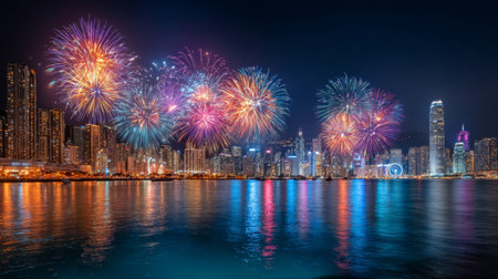 A stunning display of vibrant fireworks lights up the night sky over a bustling city skyline, reflecting beautifully on the water below, creating an unforgettable celebration atmosphere.の素材