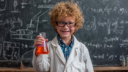 A cheerful young scientist, with curly hair and glasses, holds a colorful flask in a vibrant classroom filled with chalkboard formulas. His expression radiates joy and curiosity, capturing the spirit of learning and experimentation.の素材