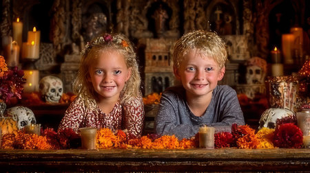 Two cheerful children pose in a Halloween-themed setting, surrounded by festive decor. The warm atmosphere captures the spirit of autumn joy and family celebration.の素材