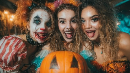 Three vibrant young women in festive Halloween makeup enthusiastically pose together around a carved pumpkin, radiating joy and excitement.の素材
