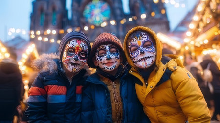 Three joyful children with vibrant face paint pose together at a lively market. Colorful decorations and warm lights create a festive atmosphere.の素材