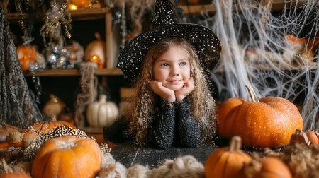 A young girl wearing a witch hat joyfully poses among pumpkins and Halloween decorations, capturing the spirit of the festive season with a cozy and playful atmosphere.の素材