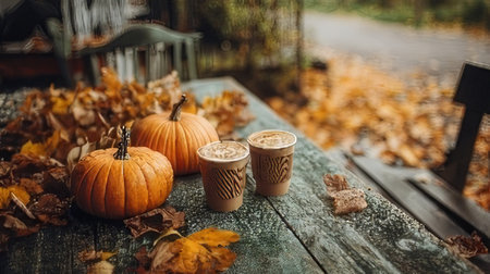 Enjoy a cozy autumn scene featuring pumpkins and hot drinks on a rustic wooden table surrounded by colorful leaves, perfect for seasonal relaxation.の素材