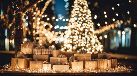 A captivating holiday scene featuring beautifully wrapped gifts surrounded by sparkling lights and a radiant Christmas tree, perfect for seasonal celebrations.の素材