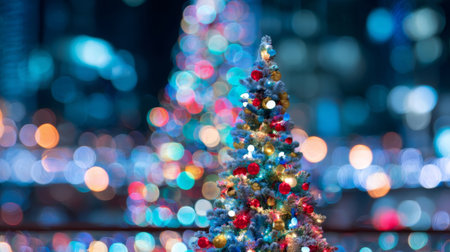 A beautifully decorated Christmas tree adorned with colorful lights stands in an urban setting, creating a warm and festive atmosphere for the holiday season.の素材