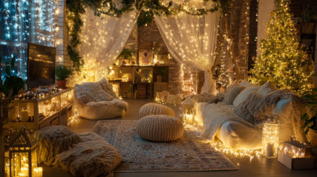 A beautifully decorated living room filled with fairy lights, soft textiles, and plants, creating a cozy and inviting atmosphere perfect for relaxation and gatherings.の素材