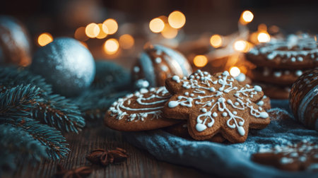 A beautiful arrangement of gingerbread cookies, decorated with icing, set against a rustic wooden table with twinkling lights, creating a cozy holiday atmosphere.の素材