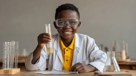 A cheerful child in a lab coat holds a test tube, showcasing enthusiasm for science. This image embodies curiosity and joy in a classroom setting, inspiring future generations.の素材