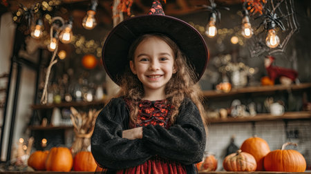 Cheerful girl dressed in a witch costume smiles joyfully at a Halloween gathering, surrounded by pumpkins and festive decorations, capturing the spirit of celebration.の素材