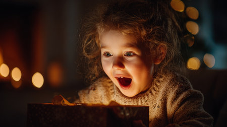 A joyful child expresses excitement while unwrapping a gift during the holiday season. The warm atmosphere is enhanced by glowing lights and festive decorations.の素材