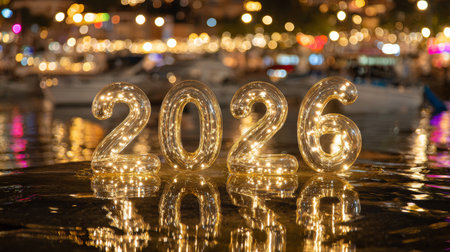 Sparkling 2026 numbers float on water, reflecting vibrant night lights. This enchanting scene captures the essence of celebration, joy, and new beginnings.の素材