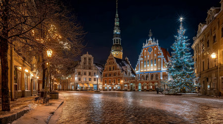 A picturesque winter scene featuring a historic European square illuminated at night, with festive Christmas decorations, a large tree, and charming architecture.の素材