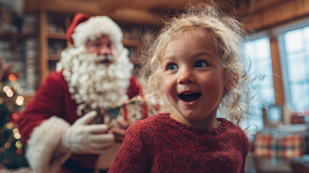 This enchanting image captures a joyful child in a festive setting, sharing a cheerful moment with Santa Claus. The warmth of the holiday spirit radiates through their smiles.の素材