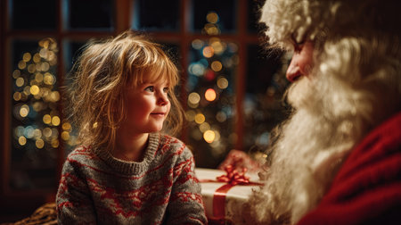 A young child gazes up in wonder at Santa Claus, capturing the essence of Christmas magic. The cozy setting enhances the festive atmosphere, filled with joy.の素材
