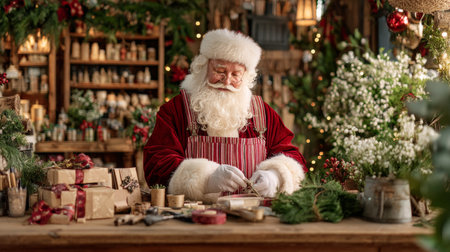 A joyful Santa Claus engages in crafting gifts amidst a beautifully decorated holiday workshop. The scene radiates warmth and festive spirit, perfect for celebrating traditions.の素材