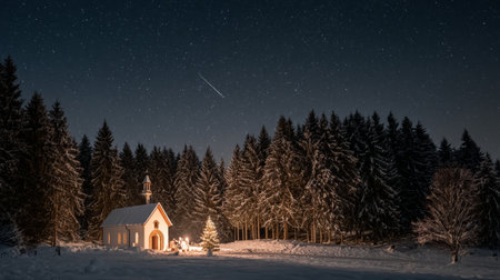 A tranquil winter night scene featuring a snow-covered chapel, surrounded by tall, dense trees and a clear starry sky. Perfect for holiday themes.の素材