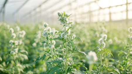 A beautiful greenhouse filled with flourishing flowering plants, basking in sunlight. This serene environment highlights nature's growth and vibrant beauty.の素材