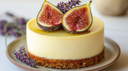 A delicious cheesecake adorned with fresh figs and lavender, presenting a perfect blend of creamy texture and aromatic flavor, ideal for dessert lovers.の素材