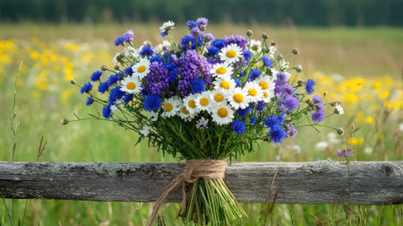 Wild summer bouquet of daisies, cornflowers, and thistle tied with twine, resting on a rustic wooden fence in a sunny countryside.の素材