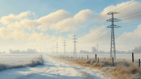 A winter day in the Netherlands showing high-voltage pylons and power lines dominating an agricultural grassland under a radiant blue sky.の素材