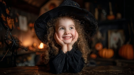 A cheerful child wearing a witch hat smiles brightly, embodying the joyful spirit of Halloween, surrounded by festive decorations and pumpkins, capturing pure innocence.の素材