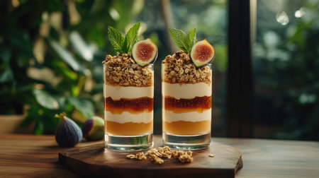 Enjoy a vibrant and appetizing layered dessert featuring yogurt, granola, and fresh figs, perfect for a healthy snack or breakfast. Bright flavors and textures come together beautifully.の素材