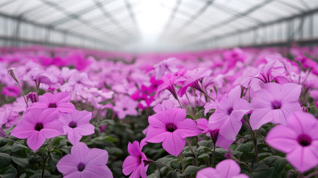 A stunning display of vibrant pink flowers blossoms inside a spacious greenhouse, capturing the essence of nature's beauty and tranquility in a captivating scene.の素材
