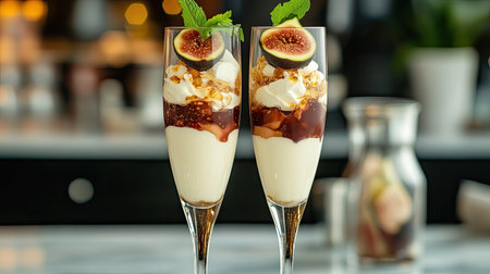 A stunning dessert featuring layers of creamy goodness topped with figs and caramel sauce. Perfect for elegant dining experiences or special occasions.の素材