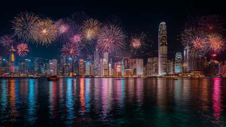 A breathtaking view of a vibrant fireworks display over the Hong Kong skyline at night, showcasing color and excitement reflected in the calm waters below.の素材