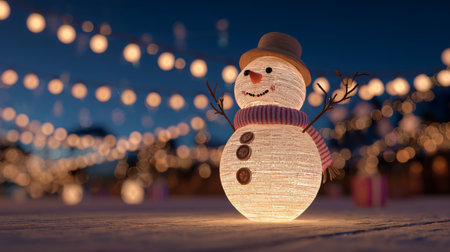 A charming snowman adorned with lights stands in a festive winter scene, capturing the joy and warmth of the holiday season under a starry evening sky.の素材