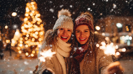 Two cheerful friends share a moment of joy in a winter wonderland. Surrounded by glowing lights and gentle snowfall, they celebrate with sparklers, embracing the holiday spirit.の素材
