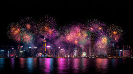 A stunning fireworks display lights up the night sky over an urban skyline, creating colorful reflections on the water below. Perfect for celebrating events.の素材